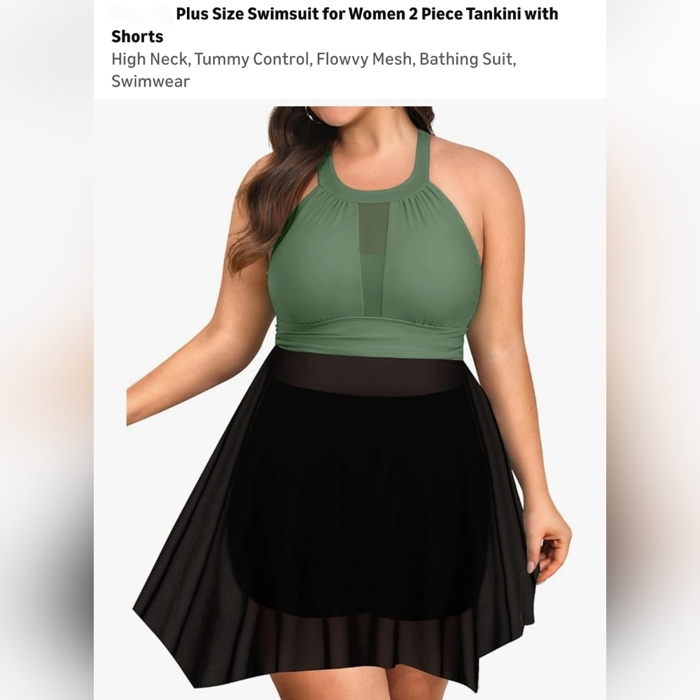 Women's Plus Size Green and Black Tankini Set